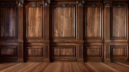 Classic premium luxury wood paneling wall background or texture. Highly crafted traditional wood paneling wall and floor, with a frame and column pattern