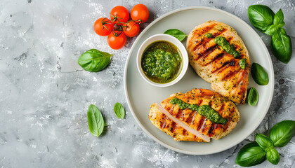 Wall Mural - Delicious chicken breasts with pesto sauce and basil on light gray table, top view