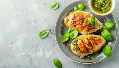 Wall Mural - Delicious chicken breasts with pesto sauce and basil on light gray table, top view