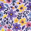 © KC. - A few random flowers forming a playful pattern, pastel lavender background, neon colors, bold and eyecatching