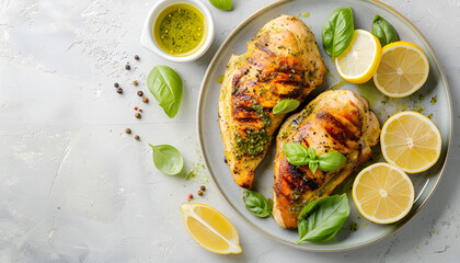 Wall Mural - Delicious chicken breasts with pesto sauce and basil on light gray table, top view