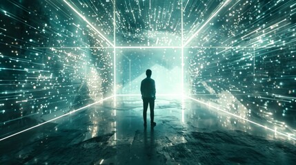 Aufkleber - Futuristic digital concept image depicting a solitary figure in a glowing, data-filled environment. The image has a sci-fi and cyberpunk style, ideal for technology and innovation themes. AI
