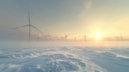 A wind farm on a snowy plain, with turbines spinning steadily despite the cold, showcasing the resilience and versatility of wind energy technology in various climates