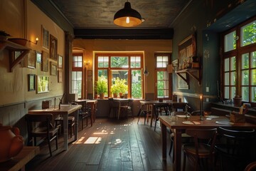 Interior of a restaurant with wooden tables and chairs. Nobody inside