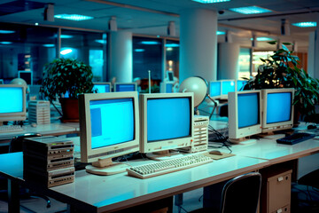 Vintage computer office with retro monitors and keyboards in a corporate setting, showcasing technology from the past era.