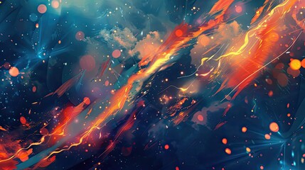 Wall Mural - Vibrant wallpaper with blue and orange strokes and abstract lightning