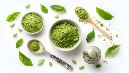 Wall Mural - Green matcha powder in bowl, spoon and leaves isolated on white, top view