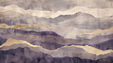 Canvas Print - Brush strokes in aubergine and gold ghostly canyon outlines ambient glow