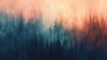 Wall Mural - Background with smooth strokes in terracotta and blue blurry pines luminous mist