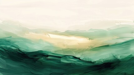 Poster - Abstract background with brush strokes in emerald and taupe blurry hills radiant light