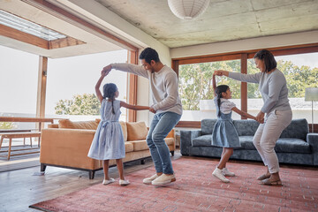 Wall Mural - Dancing, parents and girls in living room, home and bonding with children, teaching and lesson for youth. House, man and woman with kids, fun and games in weekend, learning and family together