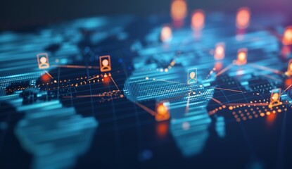 Poster - A digital map of the world with interconnected nodes representing global network connections