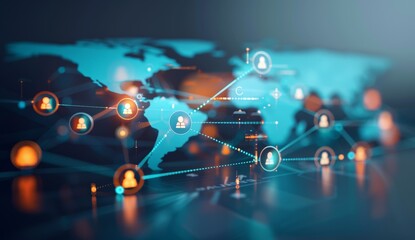 Poster - A digital map of the world with interconnected nodes representing global network connections