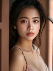 Vibrant midday portrait of Asian woman, Singapore streets backdrop, full body shot, China camera