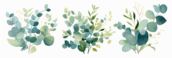 Poster - Elegant watercolor botanical elements featuring various leaves and branches creating a soft and natural vibe perfect for floral designs with copy space text for nature themes