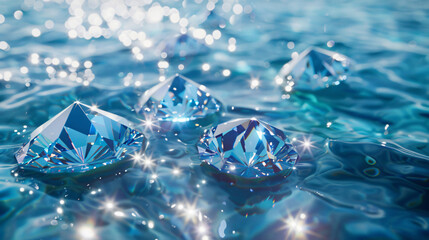 Poster - Sparkling blue diamonds resting on shimmering water creating a luxurious and elegant atmosphere with copy space text for jewelry themes