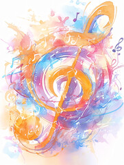 Poster - Whimsical watercolor illustration featuring dynamic musical elements and colors creating a lively and artistic atmosphere with copy space text for creative designs