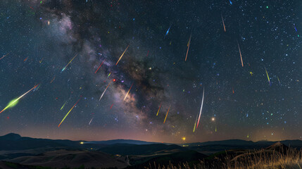 Poster - Stunning meteor shower lighting up the night sky with the Milky Way creating a breathtaking celestial scene perfect for astronomical themes with copy space text