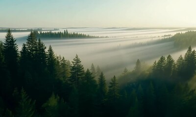 Sticker - An interesting view created by the fog coming out of the pine, cedar, beech and spruce trees. Impressive view of the sea of fog and light beams moving in waves over the forest 4K hyperrealistic video