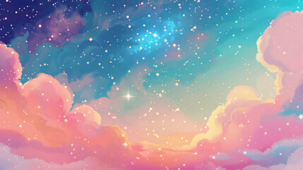 Poster - Dreamy pastel sky filled with soft clouds and sparkling stars creating a whimsical and serene atmosphere with copy space text for fantasy themes