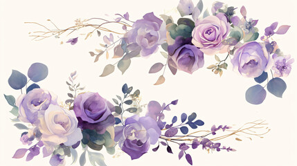 Poster - Delicate watercolor floral arrangement featuring purple roses and greenery creating an elegant and romantic visual with copy space text for wedding themes
