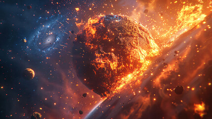 Poster - Explosive cosmic scene with fiery planets and swirling galaxies creating a dramatic and captivating atmosphere perfect for space themes with copy space text
