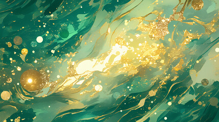 Poster - Golden glittering abstract waves with teal and green tones creating a fluid motion effect perfect for backgrounds with copy space text for artistic designs