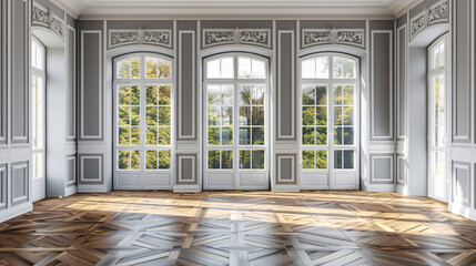Poster - Elegant interior room with large windows and wooden floor showcasing natural light creating a sophisticated ambiance with copy space text for interior design