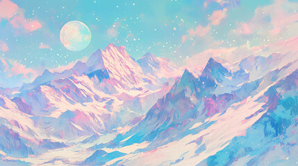 Poster - Majestic mountain landscape under a pastel sky with a large moon creating a dreamy atmosphere filled with soft colors and artistic touch with copy space text for nature themes