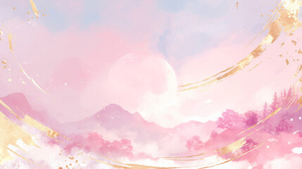 Poster - Soft pastel landscape with gentle mountains and a large moon creating a serene and calming ambiance ideal for artistic backgrounds with copy space text for tranquil themes
