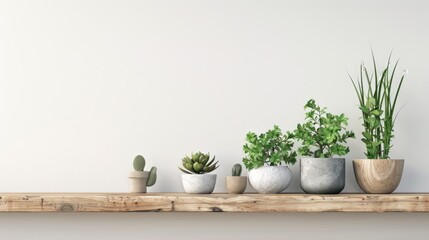 Wall Mural - Nordic plant decor on wooden shelf against white walls. Modern botanical home design. Blank space for text.