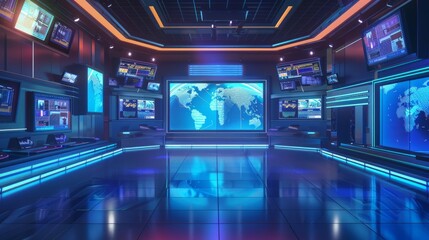 Aufkleber - Modern futuristic TV studio interior with multiple screens displaying global news. Blue and orange neon lights give a modern feel. Ideal for media, broadcasting, and news purposes. AI