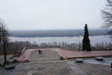 Panorama of the spring Dnipro River from the upper right bank in Ukraine.