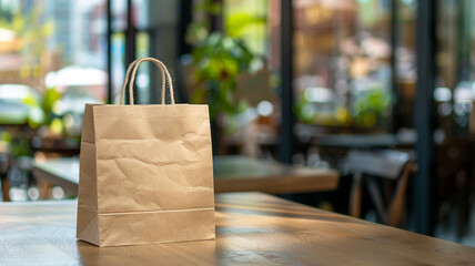 Wall Mural - a brown paper bag on a table with a blurred background