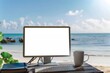 © Anna - Mockup of modern monitor with blank white screen on desk on beach