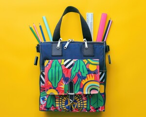 Visually appealing school bag with vibrant stationery on yellow, banner format.