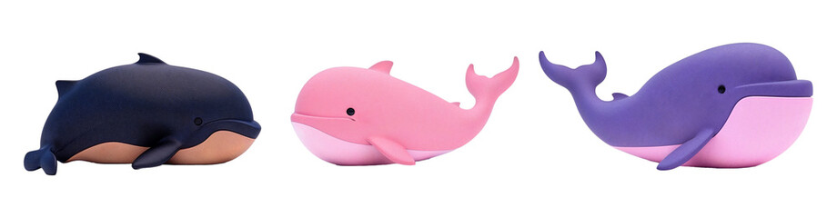 set of 3d cartoon whales with film grain texture, playful colorful whale collection in pink purple b