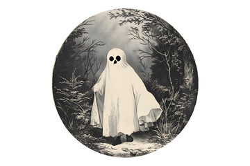 Creepy spooky ghost with a pumpkin lantern cut out isolated vintage illustration