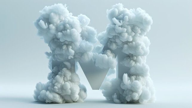 Capital letter M made of clouds or soft cotton. Fluffy airy style. Scrapbook activity. Generative AI