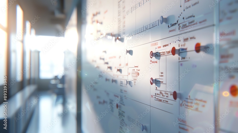 Sunflight Flow Chart A whiteboard with a flow chart and red push pins, with a blurry ...