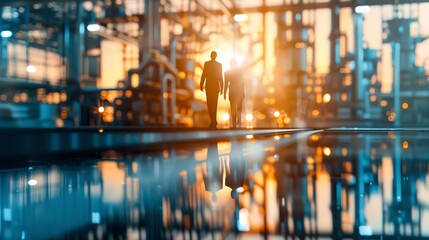 Two figures walk towards a glowing sunrise in a futuristic industrial setting.  Their reflections shimmer on the wet ground.