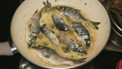 Wall Mural - the process of frying several goldfish at once using a frying pan