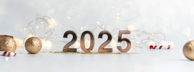 Wall Mural - Happy New Year 2025 golden numbers on celebration background Complete with luxurious lighting Happy new year concept, Christmas, celebration season.