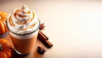 Wall Mural - pumpkin spice latte with whipped cream sprinkled with cinnamon and a copy space image