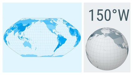 Poster - World Map Animation. Eckert VI projection. Colored countries style. Animated world map in Eckert 6 projection. Loopable animation showing longitude shift and matching globe.