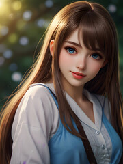 Wall Mural - a young cute anime girl with blue eyes and long brown hair