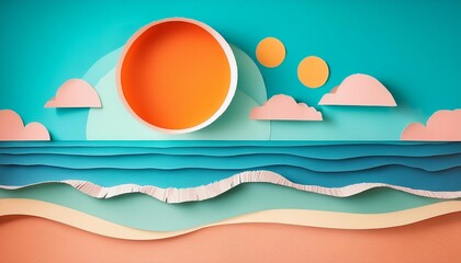 Wall Mural - a vintage cut and paste beach scene where a bold orange sun meets cyan skies and a teal ocean generative ai