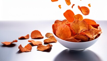 Wall Mural - sweet potato chips dropping into white bowl