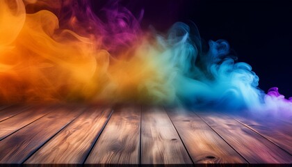 Wall Mural - wooden table with vibrant psychedelic smoke abstract bold colors illustration artistic and avant garde