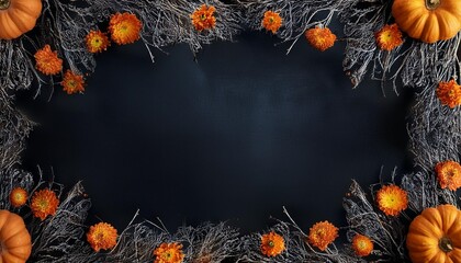 Wall Mural - gothic dark fantasy background framed with dry branches thorns ivy and orange flowers worn grunge old black backdrop bordered by horror dry branches and thorns color pop contrast